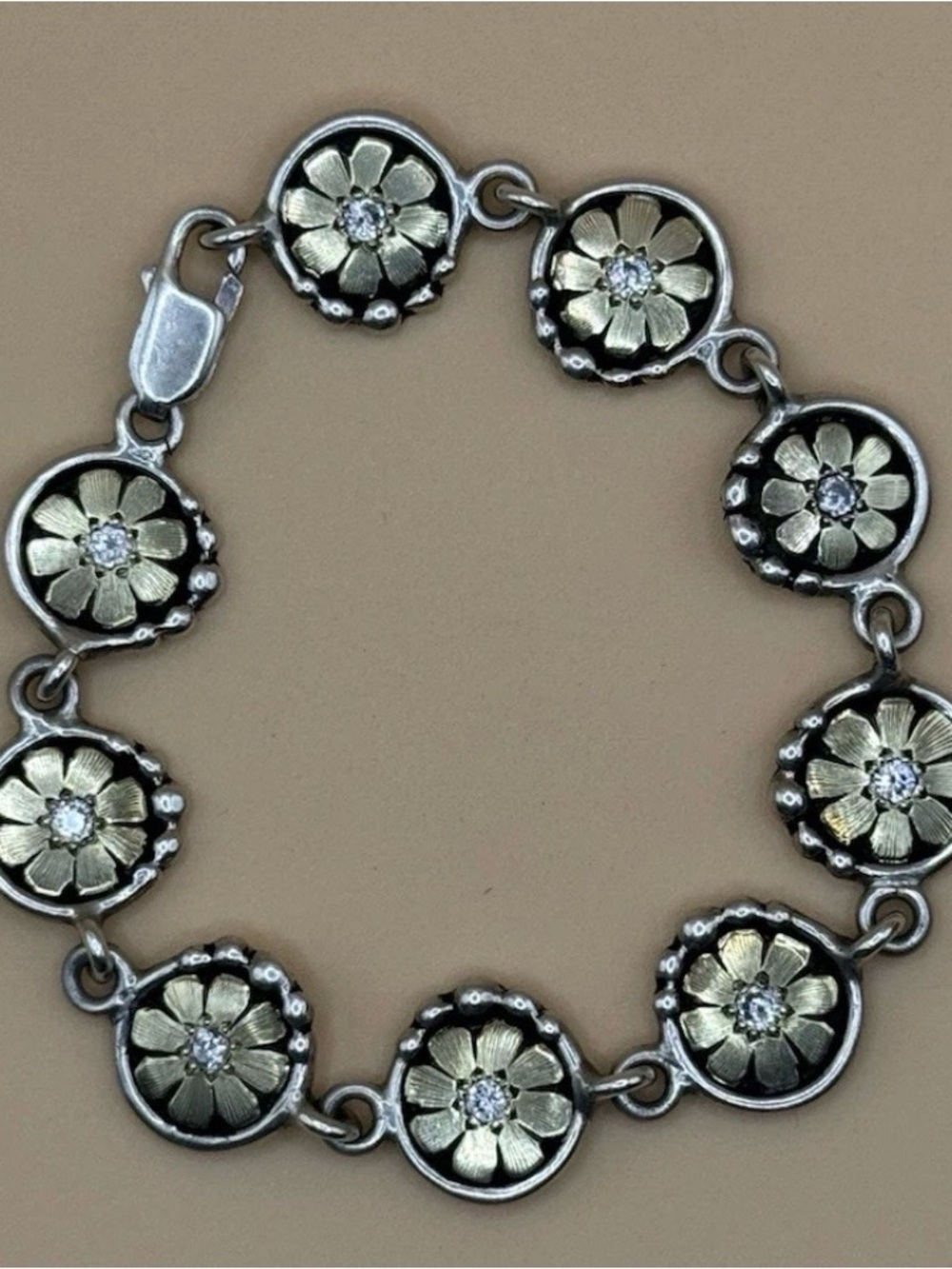 Bob Berg Two-Tone Floral Disc Bracelet in Silver and Gold signed 99 RARE